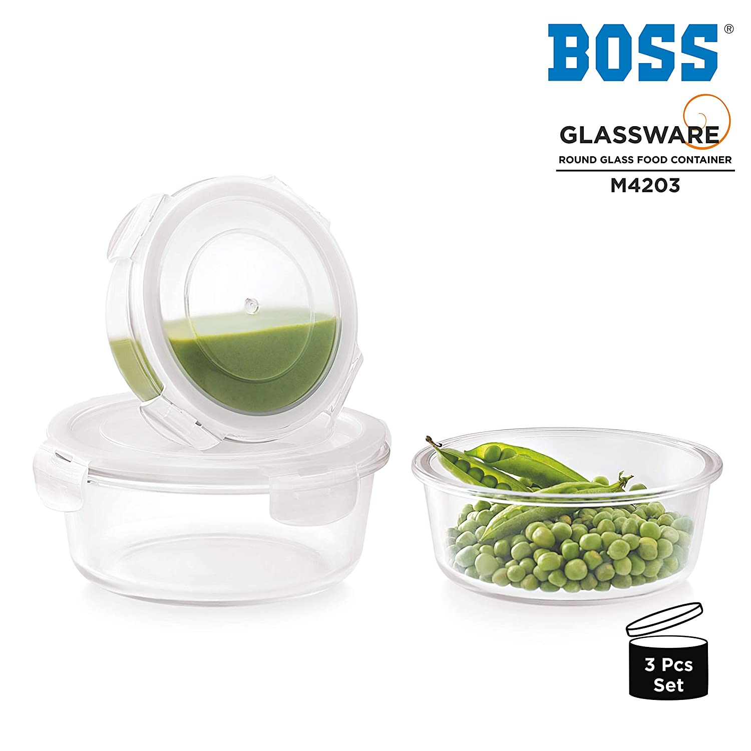BOSS Round Shape 3-Piece Storage Glass Air/Liquid Tight Microwave Friendly Food Container, (Set of 3, 350ml, 600ml, 900ml) BOSS Round Shape 3-Piece Storage Glass Air/Liquid Tight Microwave Friendly Food Container, (Set of 3, 350ml, 600ml, 900ml)